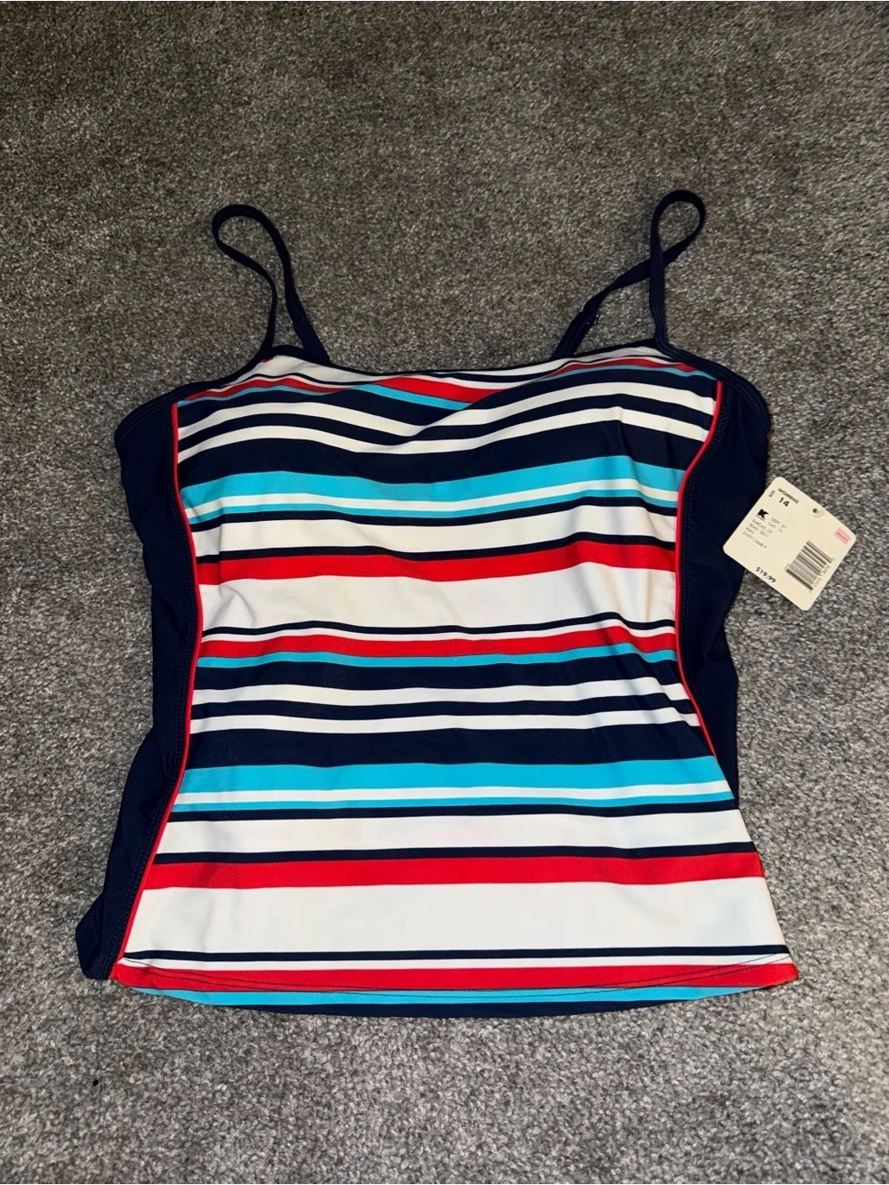 Women’s Athletech Striped Swim Top in Navy, Turquoise & Red NWT Size 14